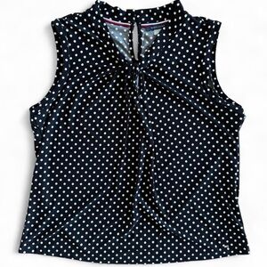 Tommy Hilfiger XL Polka Dot Sleeveless V Neck Blouse White Black Twist Runched